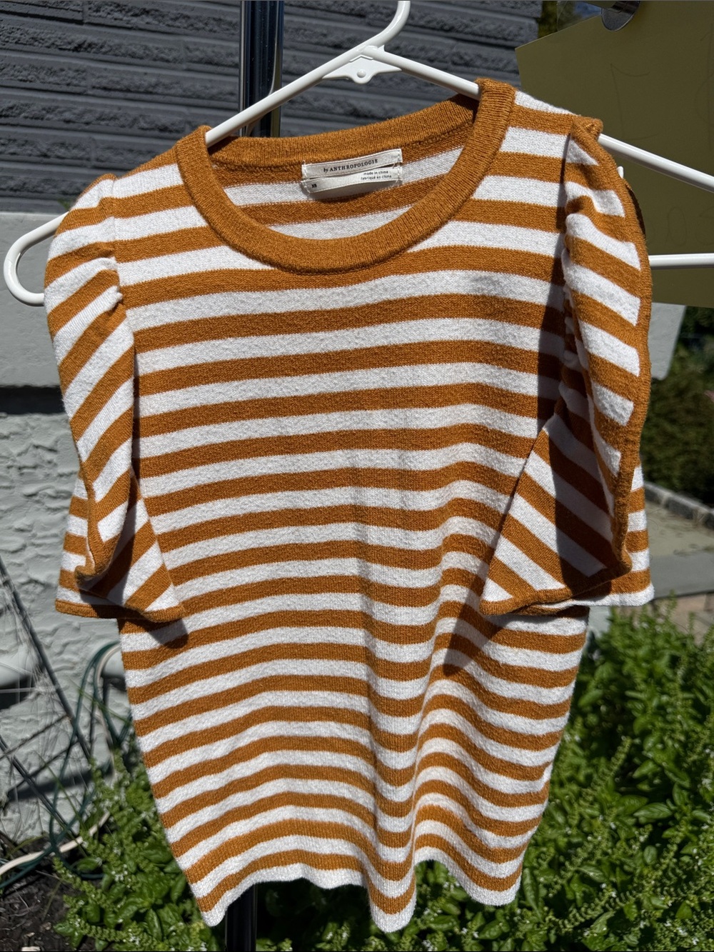 Anthropologie Striped Puff Sleeve Top - White & Brown
